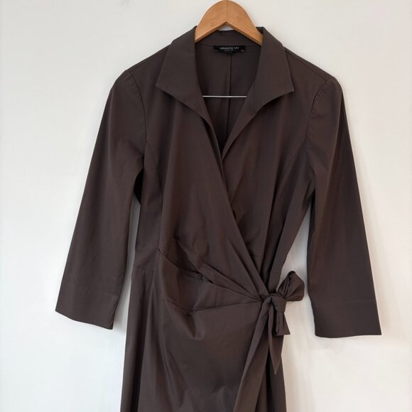 Lafayette 148 NY Brown Dolly Wrap Tie Dress Cotton Stretch Sz 8 Minimalist Chic - Picture 3 of 9